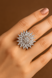 Stunning Silver-Plated Floral Cluster Ring with Marquise Stones for Women & Girls